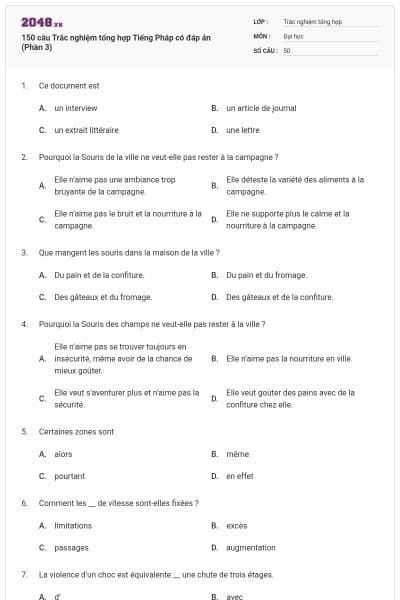 150 câu Trắc nghiệm tổng hợp Tiếng Pháp có đáp án (Phần 3)
