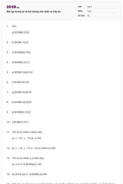 Bài tập tương tự về bội chung nhỏ nhất có đáp án