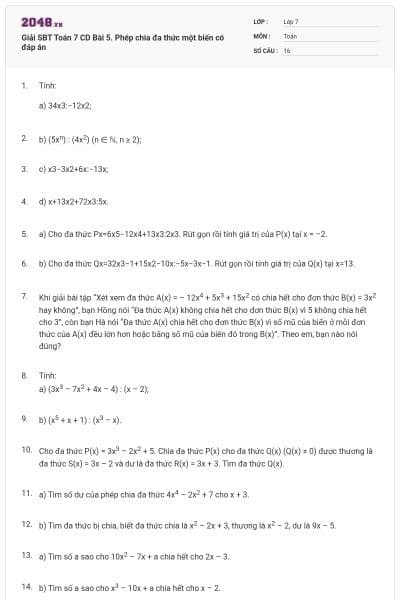 Giải SBT Toán 7 CD Bài 5. Phép chia đa thức một biến có đáp án