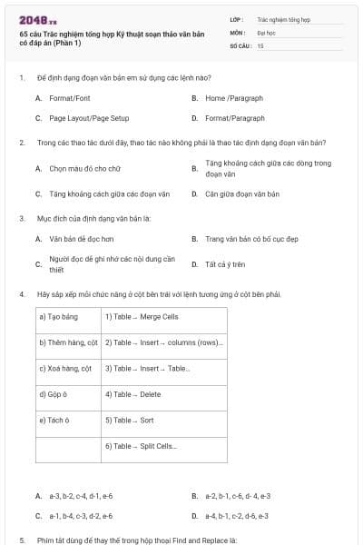 65 câu Trắc nghiệm tổng hợp Kỹ thuật soạn thảo văn bản có đáp án (Phần 1)