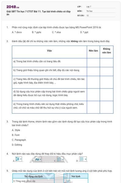 Giải SBT Tin học 7 CTST Bài 11. Tạo bài trình chiếu có đáp án