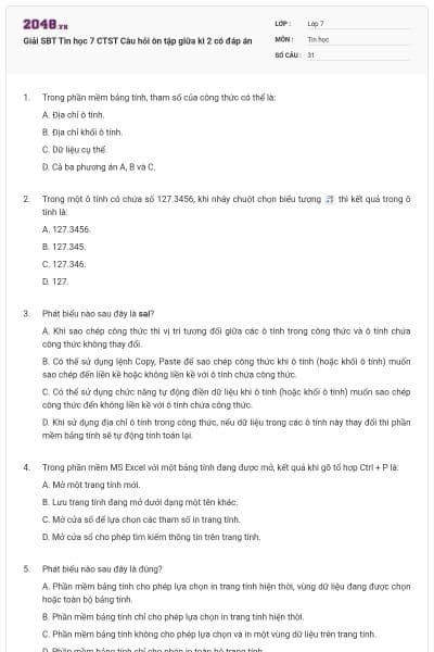 Giải SBT Tin học 7 CTST Câu hỏi ôn tập giữa kì 2 có đáp án