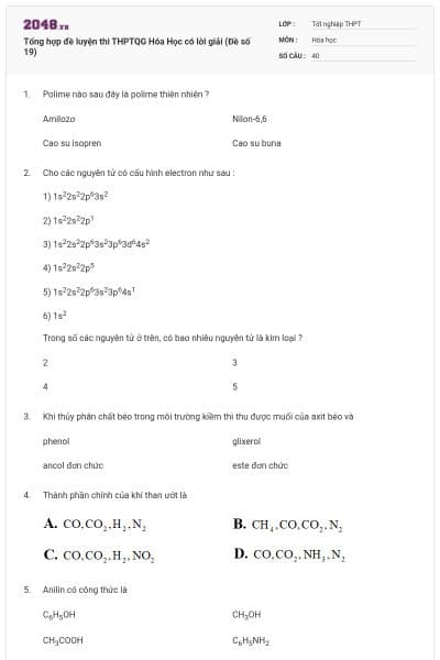 Tổng hợp đề luyện thi THPTQG Hóa Học có lời giải (Đề số 19)
