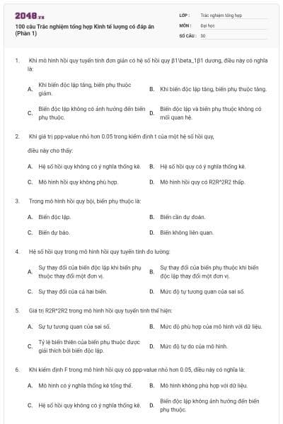 100 câu Trắc nghiệm tổng hợp Kinh tế lượng có đáp án (Phần 1)