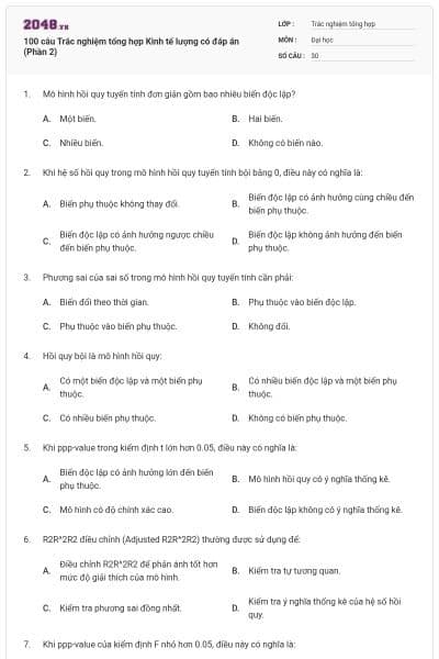 100 câu Trắc nghiệm tổng hợp Kinh tế lượng có đáp án (Phần 2)