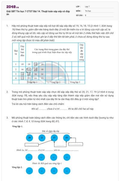 Giải SBT Tin học 7 CTST Bài 14. Thuật toán sắp xếp có đáp án