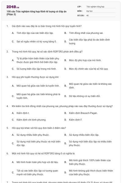 100 câu Trắc nghiệm tổng hợp Kinh tế lượng có đáp án (Phần 3)
