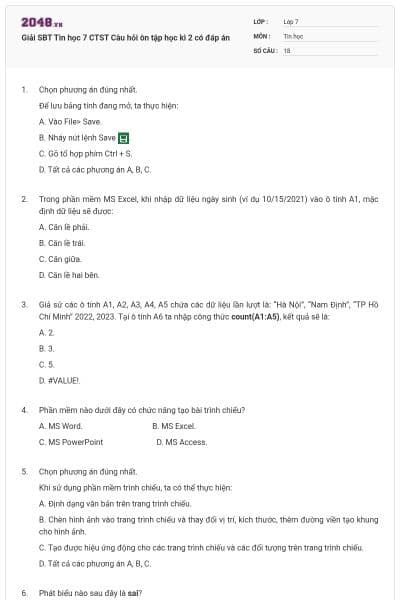 Giải SBT Tin học 7 CTST Câu hỏi ôn tập học kì 2 có đáp án