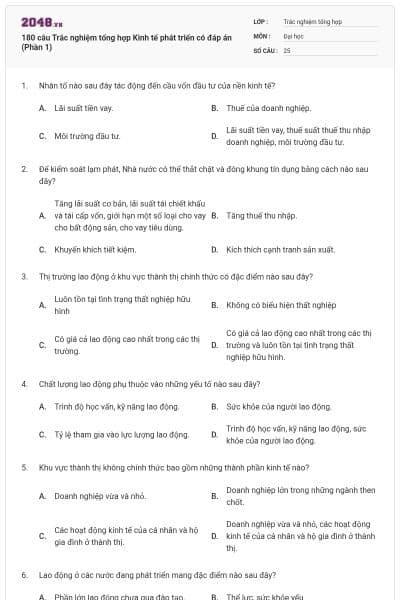 180 câu Trắc nghiệm tổng hợp Kinh tế phát triển có đáp án (Phần 1)