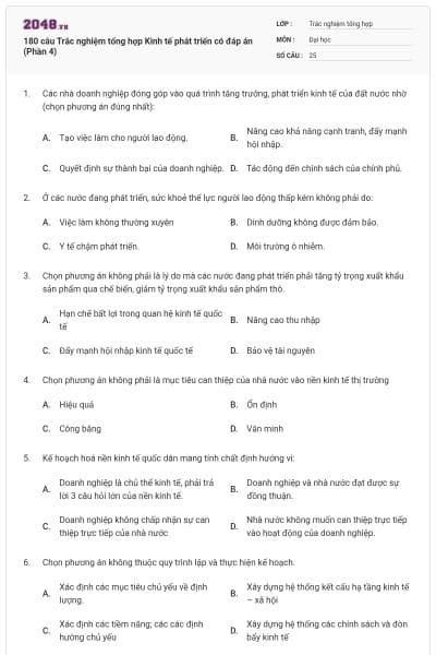 180 câu Trắc nghiệm tổng hợp Kinh tế phát triển có đáp án (Phần 4)