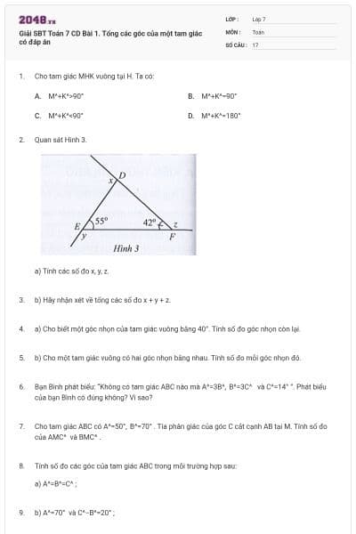 Giải SBT Toán 7 CD Bài 1. Tổng các góc của một tam giác có đáp án