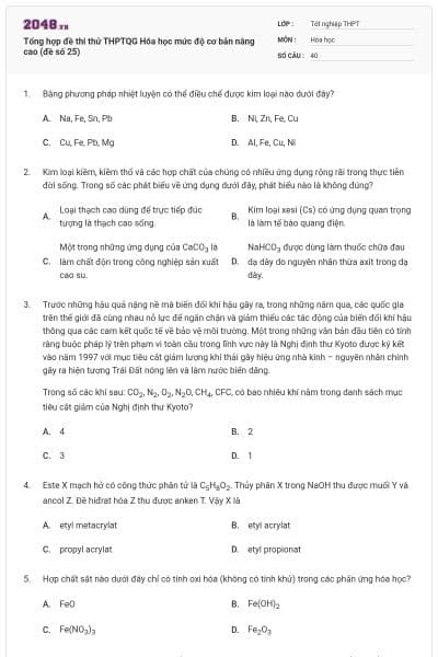 Tổng hợp đề thi thử THPTQG Hóa học mức độ cơ bản nâng cao (đề số 25)