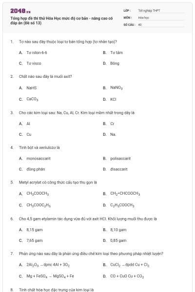 Tổng hợp đề thi thử Hóa Học mức độ cơ bản - nâng cao có đáp án (Đề số 13)