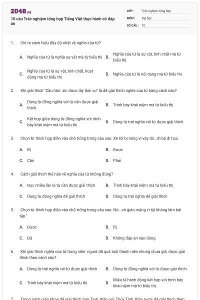 10 câu Trắc nghiệm tổng hợp Tiếng Việt thực hành có đáp án
