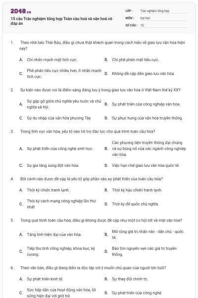 15 câu Trắc nghiệm tổng hợp Toàn cầu hoá và văn hoá có đáp án