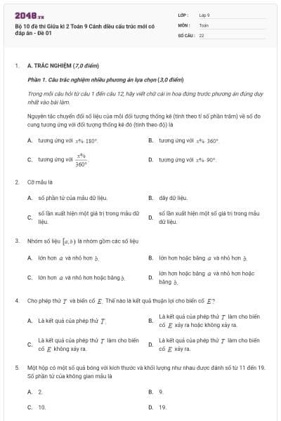 Bộ 10 đề thi Giữa kì 2 Toán 9 Cánh diều cấu trúc mới có đáp án - Đề 01