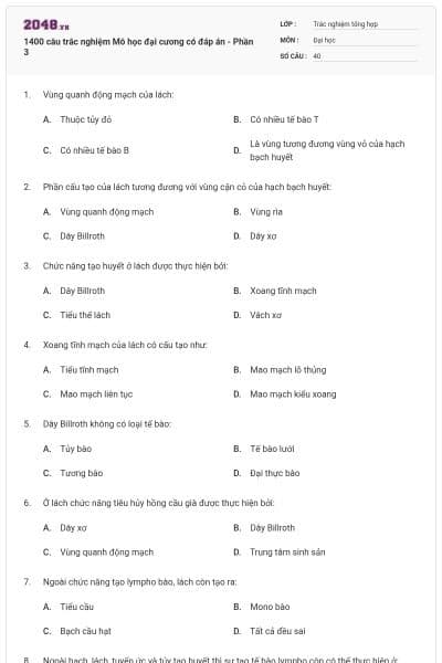 1400 câu trắc nghiệm Mô học đại cương có đáp án - Phần 3