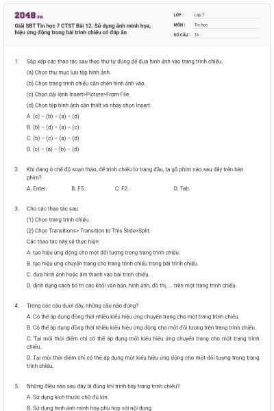 Giải SBT Tin học 7 CTST Bài 12. Sử dụng ảnh minh họa, hiệu ứng động trong bài trình chiếu có đáp án
