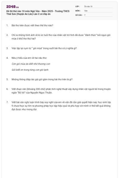 Đề thi thử vào 10 môn Ngữ Văn - Năm 2025 - Trường THCS Thái Sơn (Huyện An Lão) Lần 2 có đáp án