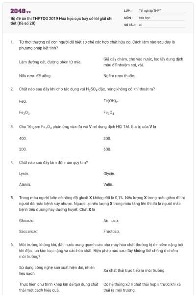 Bộ đề ôn thi THPTQG 2019 Hóa học cực hay có lời giải chi tiết (Đề số 20)