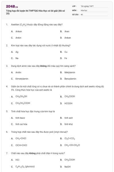 Tổng hợp đề luyện thi THPTQG Hóa Học có lời giải (Đề số 20)
