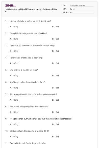 1400 câu trắc nghiệm Mô học đại cương có đáp án - Phần 9