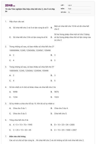 16 câu Trắc nghiệm Dấu hiệu chia hết cho 2, cho 5 có đáp án
