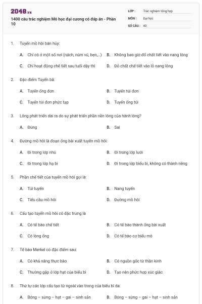 1400 câu trắc nghiệm Mô học đại cương có đáp án - Phần 10