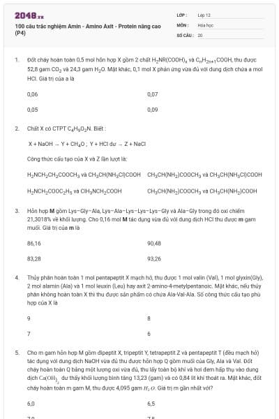 100 câu trắc nghiệm Amin - Amino Axit - Protein nâng cao (P4)