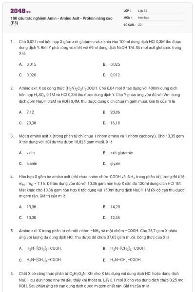 100 câu trắc nghiệm Amin - Amino Axit - Protein nâng cao (P3)