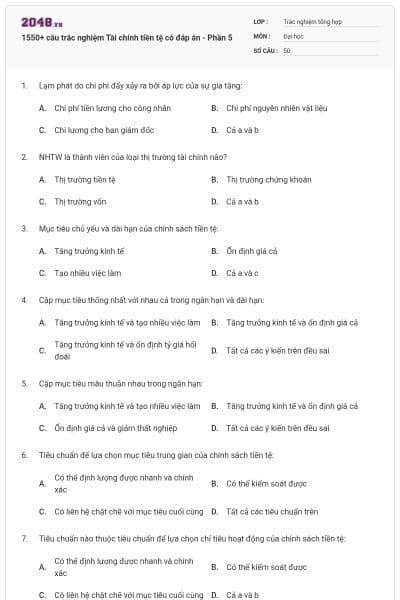 1550+ câu trắc nghiệm Tài chính tiền tệ có đáp án - Phần 5