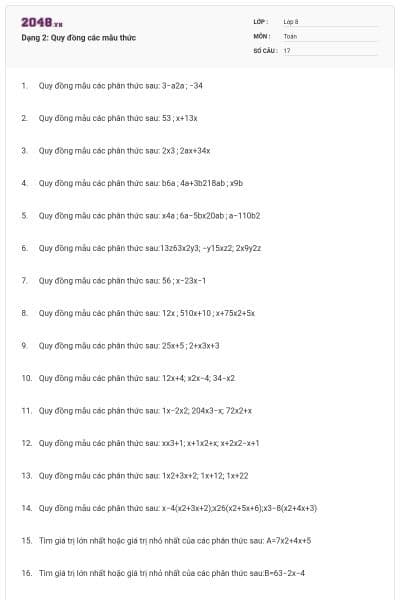 Dạng 2: Quy đồng các mẫu thức