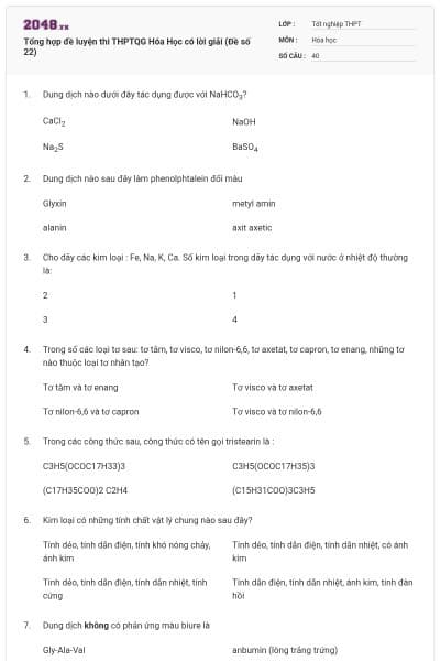 Tổng hợp đề luyện thi THPTQG Hóa Học có lời giải (Đề số 22)