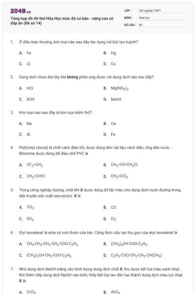 Tổng hợp đề thi thử Hóa Học mức độ cơ bản - nâng cao có đáp án (Đề số 14)