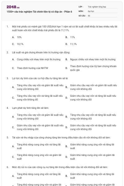1550+ câu trắc nghiệm Tài chính tiền tệ có đáp án - Phần 6