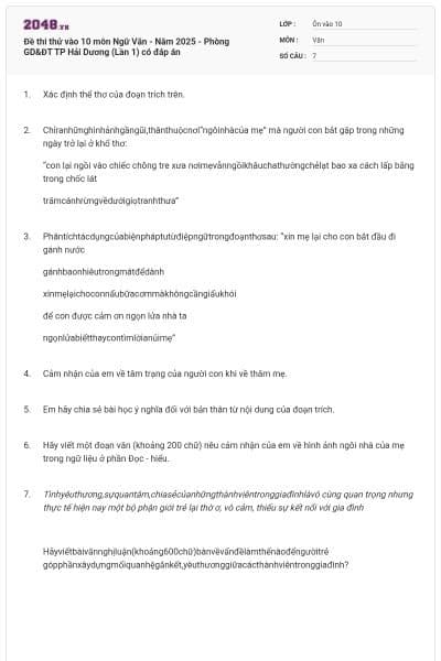 Đề thi thử vào 10 môn Ngữ Văn - Năm 2025 - Phòng GD&ĐT TP Hải Dương (Lần 1) có đáp án