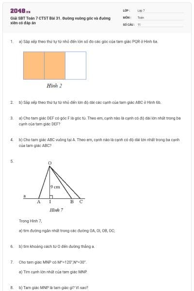 Giải SBT Toán 7 CTST Bài 31. Đường vuông góc và đường xiên có đáp án
