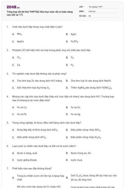 Tổng hợp đề thi thử THPTQG Hóa học mức độ cơ bản nâng cao (đề số 17)