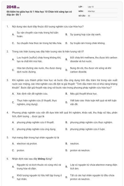 Đề kiểm tra giữa học kì 1 Hóa học 10 Chân trời sáng tạo có đáp án- Đề 1