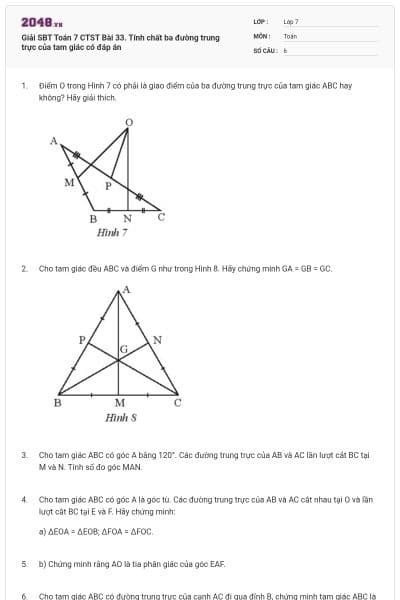 Giải SBT Toán 7 CTST Bài 33. Tính chất ba đường trung trực của tam giác có đáp án