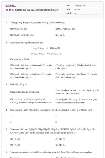 Bộ đề thi thử Hóa học cực hay có lời giải chi tiết(Đề số 14)