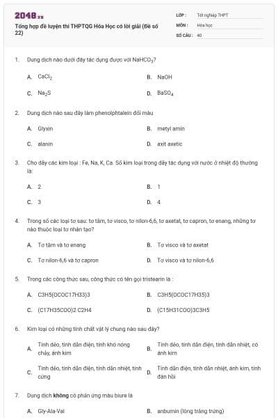 Tổng hợp đề luyện thi THPTQG Hóa Học có lời giải (Đề số 22)