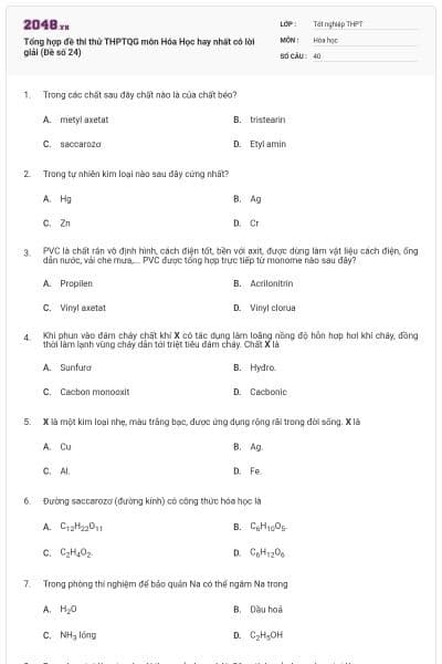 Tổng hợp đề thi thử THPTQG môn Hóa Học hay nhất có lời giải (Đề số 24)
