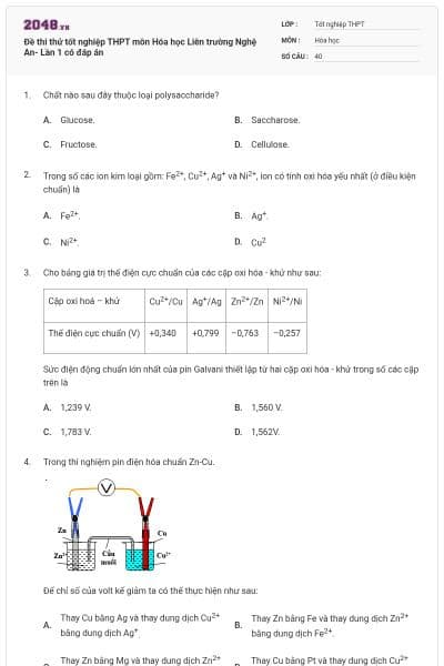 Đề thi thử tốt nghiệp THPT môn Hóa học  Liên trường Nghệ An- Lần 1 có đáp án