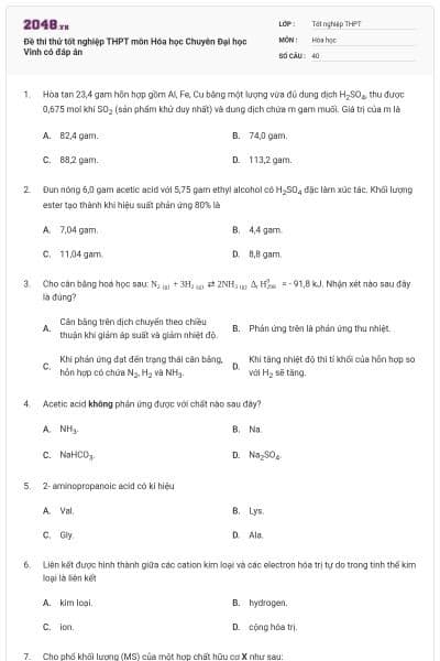 Đề thi thử tốt nghiệp THPT môn Hóa học  Chuyên Đại học Vinh có đáp án