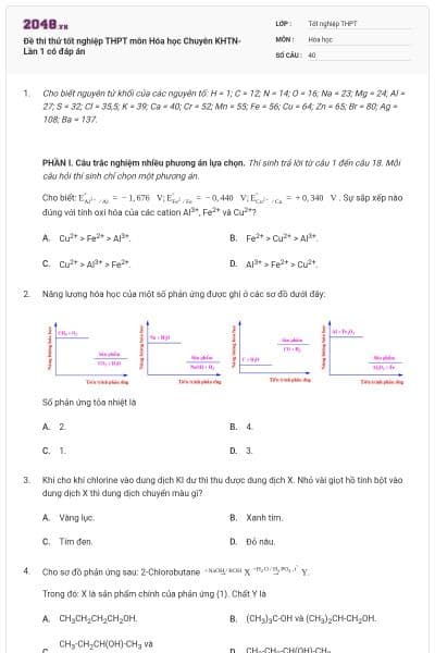 Đề thi thử tốt nghiệp THPT môn Hóa học Chuyên KHTN- Lần 1 có đáp án