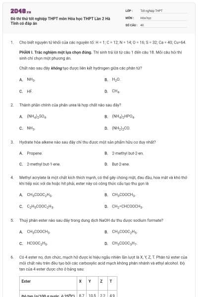 Đề thi thử tốt nghiệp THPT môn Hóa học THPT  Lần 2 Hà Tĩnh có đáp án
