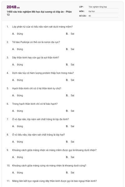 1400 câu trắc nghiệm Mô học đại cương có đáp án - Phần 12