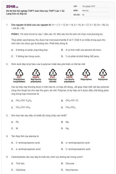Đề thi thử tốt nghiệp THPT môn Hóa học THPT  Lần 1 Sở Lạng Sơn có đáp án