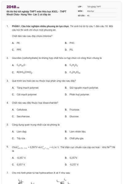 Đề thi thử tốt nghiệp THPT môn Hóa học KSCL - THPT Khoái Châu- Hưng Yên- Lần 2 có đáp án